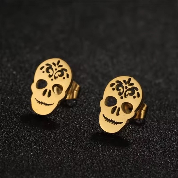 Skull Earrings Gold Stud Earrings Day of the Dead Jewelry Halloween Stainless - Picture 1 of 4